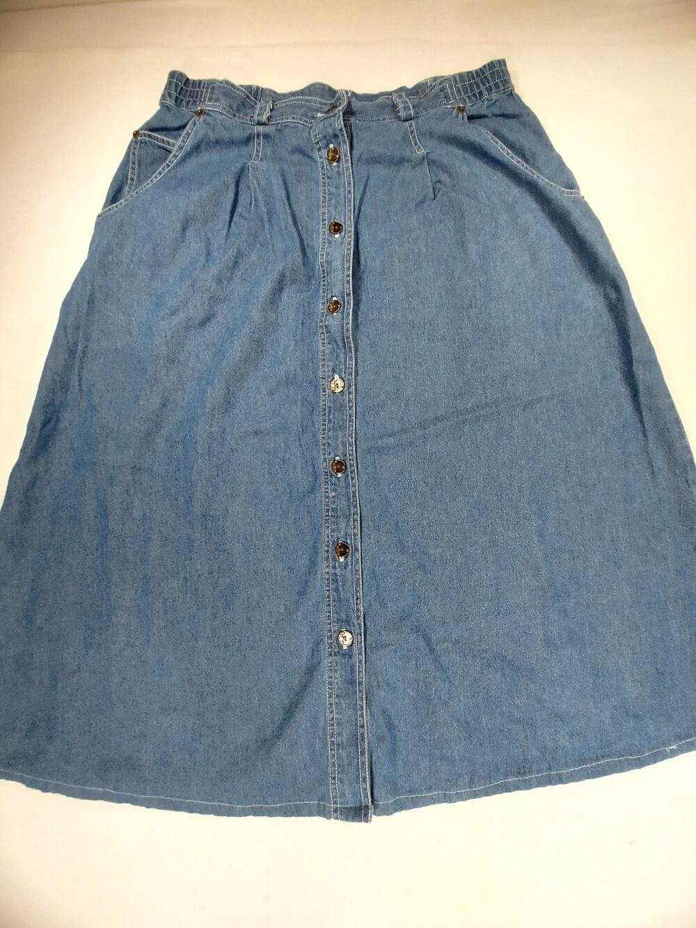 Koret VTG Denim Midi Button Front Skirt Size 14 Blue Barn Country Western Modest